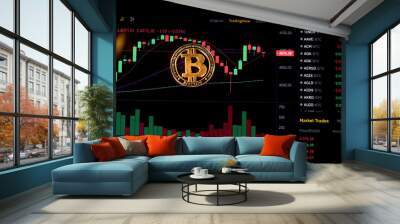 Coin Bitcoin on background cryptocurrency trading chart on computer screen. Digital money, banking, investment, finance and business concept. Wall mural