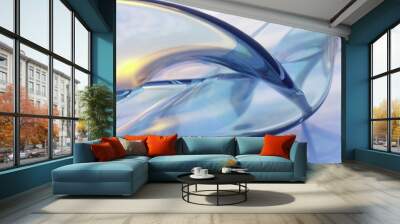 Abstract background in sunnrise nature landscape. Transparent glossy glass ribbon on ocean. Holographic curved wave in motion. Iridescent design element for banner background, wallpaper. 3d render Wall mural