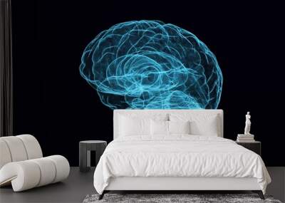 Digital brain floating in a dark cloud of black information illustrating the concepts of Big Data and artificial intelligence. high resolution 3d render Wall mural