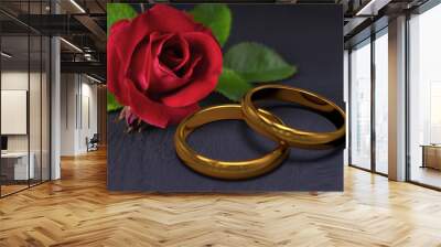 gold wedding rings on a wooden background Wall mural