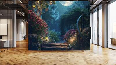 A bewitching moon casts its light on a flower-laden walkway, with lanterns adding warmth to the nocturnal garden scene. Wall mural