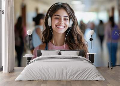 A cheerful Hispanic female high school student, with her hair styled in loose waves, is walking through the hallway, listening to music through her headphones. She is smiling brightly, lost in her Wall mural