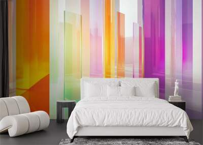 A color prism concept with soft, floating prisms refracting light into rainbow gradients of orange, purple, and green, set against a smooth, white background. Wall mural