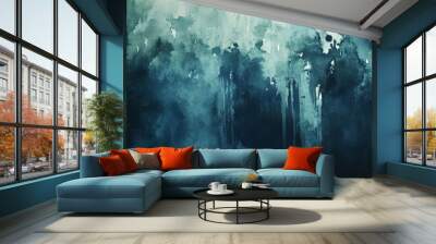 A dark and moody watercolor abstract background with deep blue, dark grey, and forest green, creating bold textures and expressive brushstrokes. Wall mural