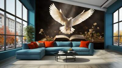 A dove with outstretched wings over an open Bible in the sunlight Wall mural