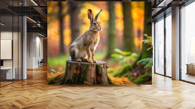 A hare sits on a stump in the autumn forest Wall mural