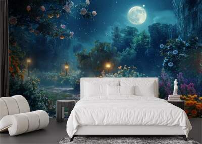 A magical night garden comes to life with radiant flowers, glowing lanterns leading the stone path, and a captivating moon backdrop. Wall mural