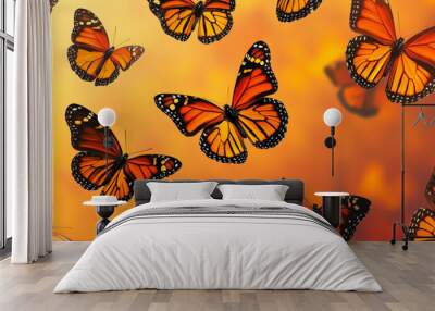 A pattern of vibrant monarch butterflies with orange and black wings, fluttering against a sunny background, creating a lively and dynamic atmosphere. Wall mural