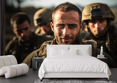 A portrait of an Israeli soldier ready for battle in combat gear against the background of other soldiers Wall mural