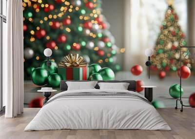 A round silver podium with green and red balloons, a Christmas gift box with a golden bow, and a beautifully decorated Christmas tree in the background. Wall mural