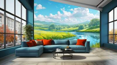 A serene countryside background with rolling hills, a clear blue sky, and a peaceful river, creating a tranquil and idyllic scene. Wall mural