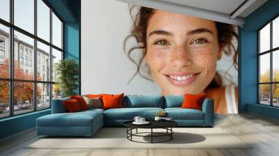 A smiling brunette Latin girl, a happy pretty young adult woman with freckles on her face, looks at the camera isolated on a white background. The focus is on skincare, hair care cosmetics for young Wall mural