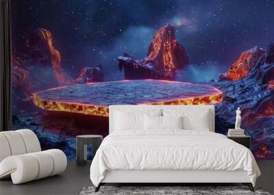 A surreal fire lava podium setup with a transparent podium floating above streams of molten lava. The background includes glowing lava caves and volcanic formations under a starry night sky. Wall mural