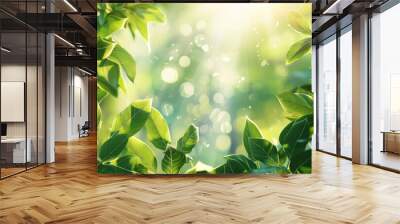 A tranquil nature backdrop with lush green leaves and dappled sunlight, creating a peaceful and natural setting. Wall mural