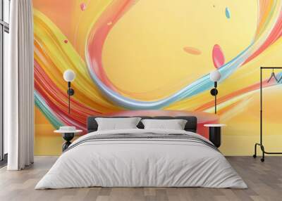 A vibrant 3D podium with a glossy red base, set against a dynamic abstract background of swirling multicolored shapes and lines on a gradient yellow backdrop. Wall mural