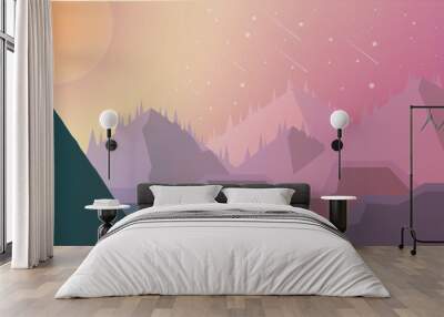 Alien planet surface, futuristic landscape, space background with glowing and flying rocks, two moons in dusk starry sky. Scientific discovery, fantasy computer game scene, cartoon vector illustration Wall mural