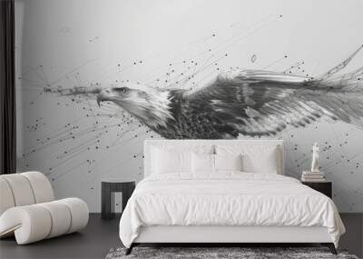 An artistic wireframe of a majestic eagle, composed of polygon technology and detailed with lines and points to capture its powerful presence. Wall mural