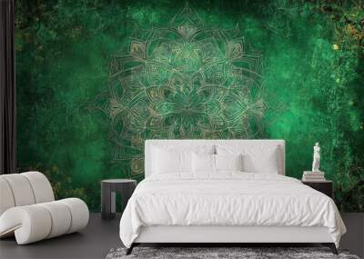 An emerald textured background featuring a fine, intricate mandala pattern. The detailed design and rich green hues add a touch of spirituality and calm. Wall mural