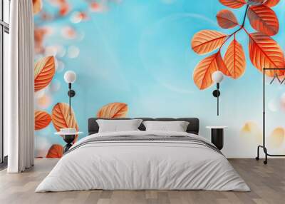 Autumn background with vibrant red and orange leaves, a crisp blue sky, and golden sunlight. Wall mural