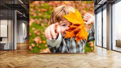 Autumnal mood. Little child boy in autumn orange leaves, outdoor. Wall mural