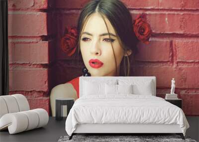 Beautiful girl on brick wall background, beauty and fashion, love teen and teenager romance. Dreams girl missing love. Wall mural