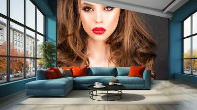 Beautiful Professional Makeup. Red Lips and Smoky Eyes Make up. Gorgeous Glamour Fashion. Wall mural