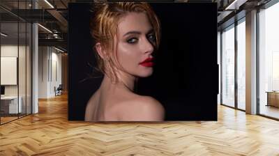 Beauty face of young blonde woman. Sexy model posing in studio. Portrait of beautiful girl. Beauty woman face closeup. Pretty girl face on studio background. Sensual look. Beautiful female face. Wall mural