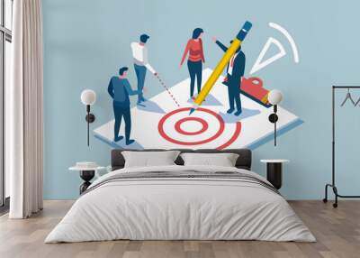 Business team collaborating to hit target with giant pencil, illustrating teamwork and goal achievement in isometric style. Wall mural