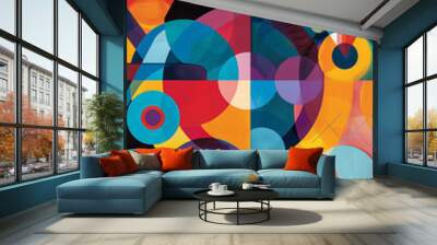 Canvas poster with abstract geometric shapes in vibrant colors, featuring circles, triangles, and squares in a dynamic wallpaper style Wall mural