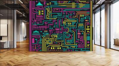 Cartoon cyber circuit board. Neon futuristic technology abstraction - microcircuit vector illustration Wall mural