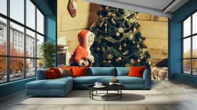 christmas children at decorated tree Wall mural