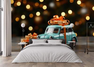 Christmas gifts, toy car with gifts on a dark background with a bright bokeh, AI generation, Wall mural