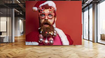 Christmas or New Year barber shop concept. Funny people christmas. Santa claus - bearded hipster. Wall mural