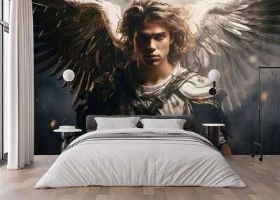 Close-up portrait of an angel with outstretched wings in battle armor Wall mural