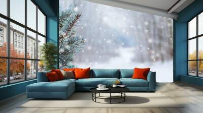 Covered with snow branch spruce  on blurred  background during snowfall, copy space. Winter background_ Wall mural