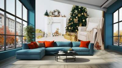 Cozy flat apartment photo studio room green Christmas Tree gifts presents garlands, candles decorated toys balls interior New Year lights glowing bokeh

 Wall mural