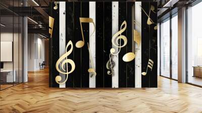 Elegant jazz music background with black and white stripes and gold musical notes. The sophisticated design evokes the classic charm of a jazz club. Wall mural