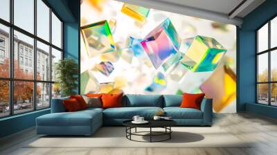 Floating prisms scatter beams of bright rainbow colors, casting vibrant hues of blue, green, and yellow across a clean white backdrop. Wall mural