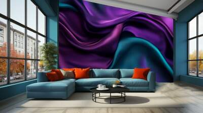 Fluid abstract silk fabric in rich violet and deep teal, with smooth waves and folds creating a sense of movement and elegance. Wall mural