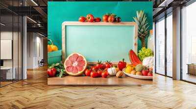 Fresh fruits and vegetables arranged neatly on a table with an empty board in the middle. Tomatoes, grapefruits, strawberries, lemons, limes, pineapples, lettuce, milk Wall mural