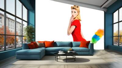 Funny Crazy young pinup housewife wearing retro outfit and rubber gloves dusting furniture. Domestic work, house chores concept. Duster, woman and cleaning dust in home for housekeeping. Wall mural