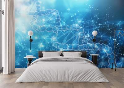 Futuristic DNA strand and data network in a blue digital space. Copy space. Generative AI	 Wall mural