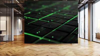 Futuristic matte black background with glowing green grid lines and smooth textures: Sleek and intricate, perfect for high-tech themes Wall mural