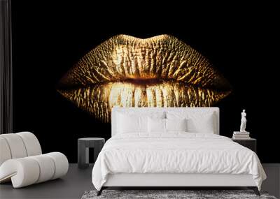 Golden lips isolated on black background. Luxury glamour art mouth. Clipping path gild lips. Wall mural