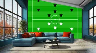 Green football field with a tactical scheme of the arrangement of players of two soccer teams on the board, organisation of a game diagram for a fantasy league coach. Vector. Wall mural