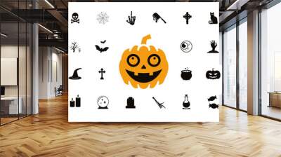 Horror and scary faces and other Halloween symbols silhouette icons set. Halloween pumpkin, emoji and tattoo ghost smile spooky jack evil mouth eyes scary - vector illustration. Wall mural