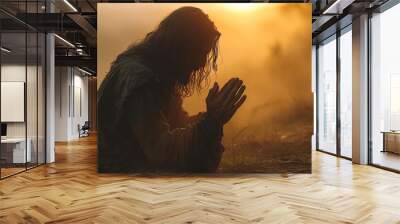 Jesus Christ prays in the morning at sunrise Wall mural