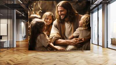 Jesus Christ talking to children, Jesus and children smiling. Generation AI Wall mural