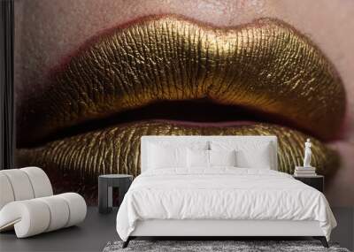 Lip with golden glitter effect. Woman mouth close up. Golden lipstick. Glamour luxury gold mouth. Gold paint on lips. Golden lips on woman mouth. Metallic body. Gold concept. Wall mural