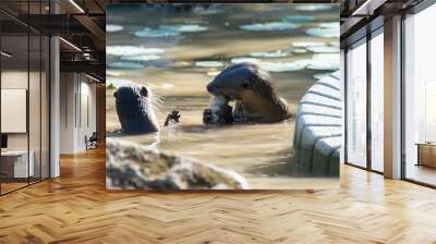 North American river otter eat fish in water Wall mural